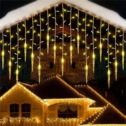 Christmas LED Icicle Falling Rain Curtain 4m Fairy String Lights Outdoor Party Warm White