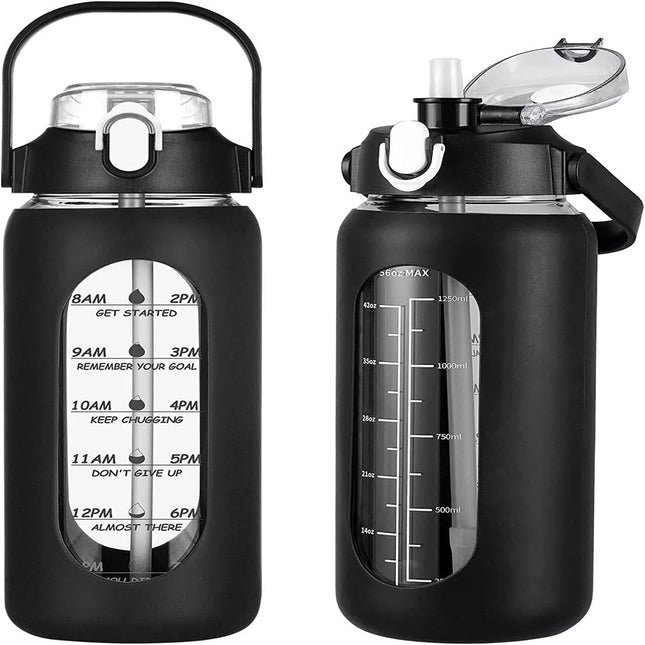 2L 64oz Glass Water Bottles with Straw Silicone Sleeve and Time Marker