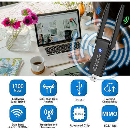 1300Mbps USB 3.0 Wireless WiFi Receiver Bluetooth Adapter 5GHz Dual Band Dongle