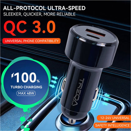 Black 48W 2 Port Car Phone Charger Dual USB A C PD Metal 12V Cigarette iPhone Charging