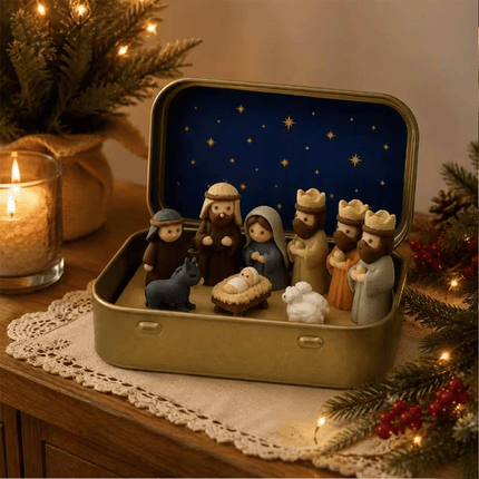 Mini Christmas Nativity Set in a Tin Box, Jesus Portable Pocket Scene Decor 3D