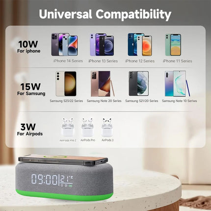 Digital Alarm Clock Charging Station Bluetooth Speaker 15W Wireless Fast Charger