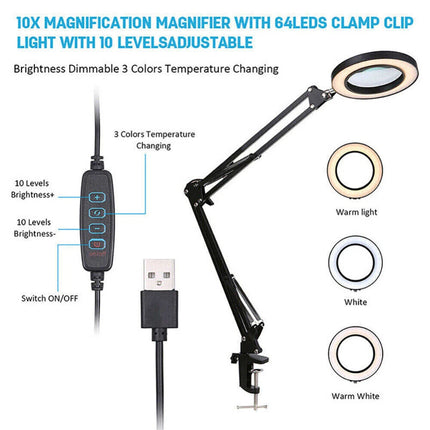 10X Magnifying Glass Desk Light Magnifier LED Lamp Reading Lamp With Base& Clamp