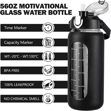 2L 64oz Glass Water Bottles with Straw Silicone Sleeve and Time Marker