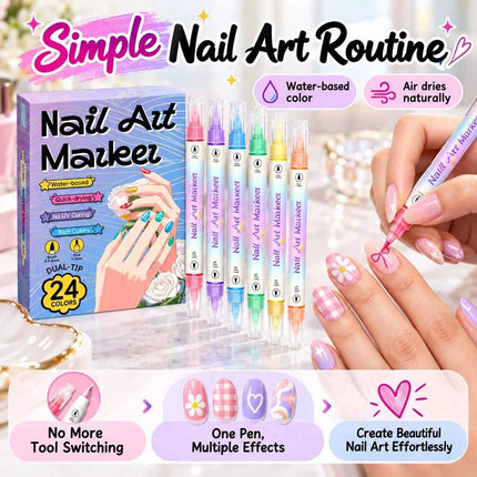 24 Colors Dual-Ended Nail Art Pens Set,24pcs Dual-Ended Pens