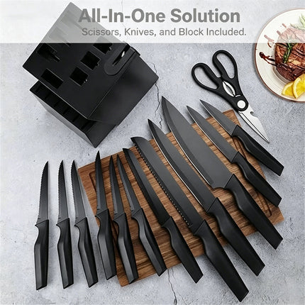 Professional 14Pcs Kitchen Knife Set with Wooden Block & Built-In Sharpener