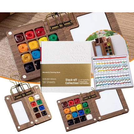 Pocket Artist Watercolor Travel Set Mini Portable Wooden Paint Palette Kits NEW