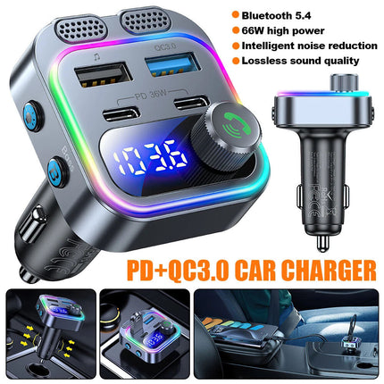 Car Wireless Bluetooth 5.0 FM Transmitter Adapter Type-C PD 66W Fast USB Charger