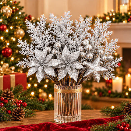 6Pcs Christmas Tree Branch Picks Artificial Poinsettia Floral Spray Xmas Wreath Silver