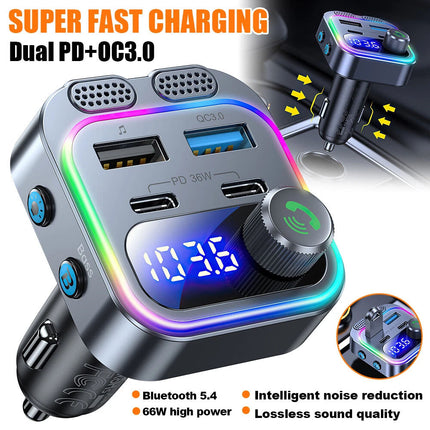 Car Wireless Bluetooth 5.0 FM Transmitter Adapter Type-C PD 66W Fast USB Charger