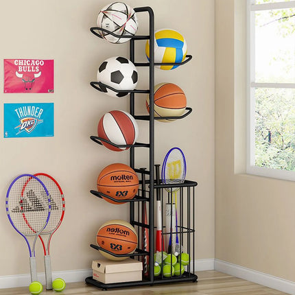 Basketball Ball Soccer Storage Rack Freestanding Sport Equipment Organizer With Basket