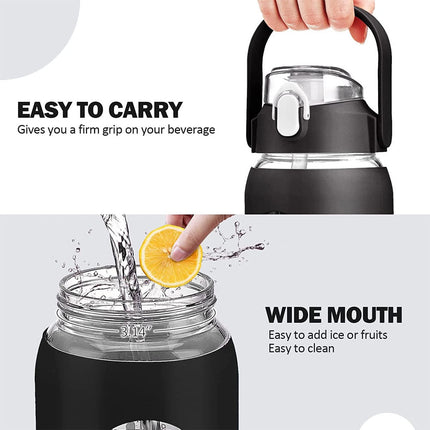 2L 64oz Glass Water Bottles with Straw Silicone Sleeve and Time Marker