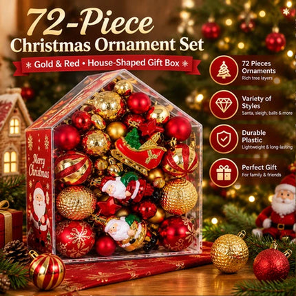 72-Piece Luxury Christmas Ornament Set - Gold and Red House-Shaped Gift Box