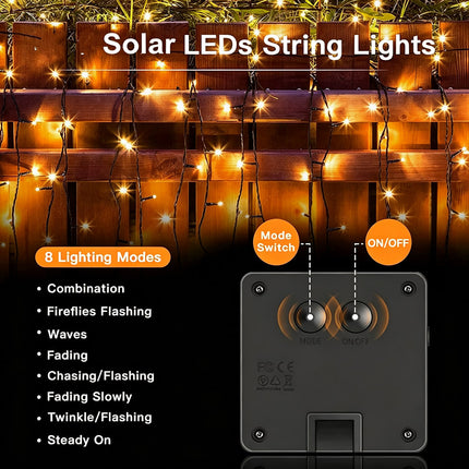 Solar String Fairy Lights Outdoor LED Party Wedding Christmas Decor Splash Resistant 2pack 200LED 22M Warm White
