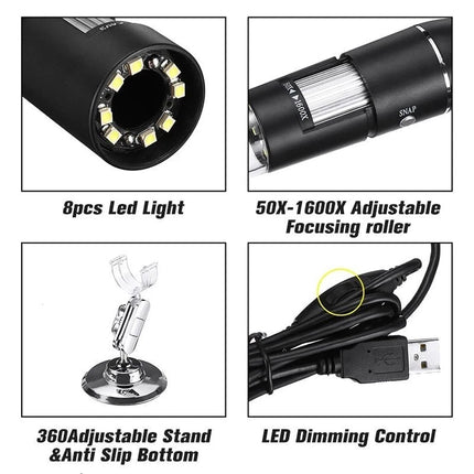 USB Digital Microscope 1600X Magnifying Tool 8 LED Light for Multi System