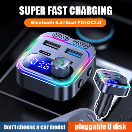 Car Wireless Bluetooth 5.0 FM Transmitter Adapter Type-C PD 66W Fast USB Charger