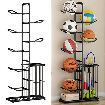 Basketball Ball Soccer Storage Rack Freestanding Sport Equipment Organizer With Basket