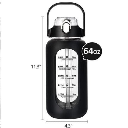 2L 64oz Glass Water Bottles with Straw Silicone Sleeve and Time Marker