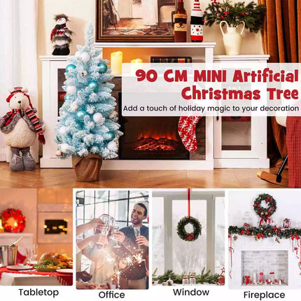 Pre-Decorated Tabletop Mini Christmas Tree Xmas Decor Snowy Branches Cotton Blue + White