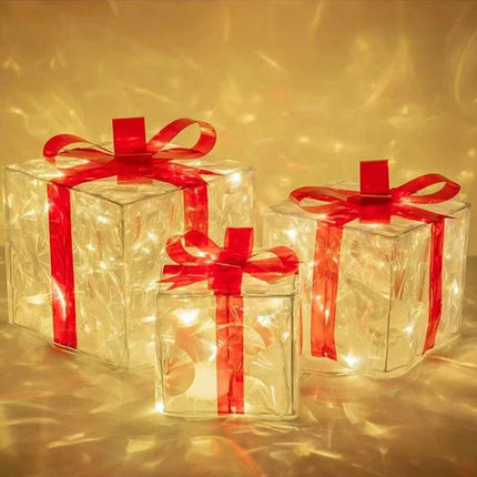 3Pcs LED Christmas Lights Glowing Gift Box 3D Christmas Indoor & Outdoor Decor Red