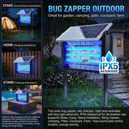 4500V Solar Bug Zapper Waterproof Mosquito Zapper Outdoor Solar &Battery Powered