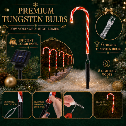 5 Pack 54cm Solar LED Candy Cane Christmas Lights IP65 8 Modes Garden Pathway
