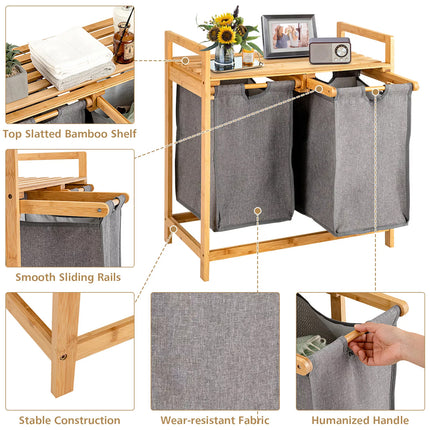 Laundry Baskets Hamper Bamboo Shelf w/ 2 Sliding Washing Clothes Bags