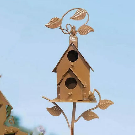 Outdoor Iron Birdhouse Garden Stakes - Metal Craft Bird House for Yard Decor D