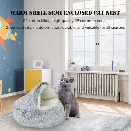Pet Dog Cat Bed Round Plush Kitten Warm Soft Sleeping Nest Igloo Cave Mat House Grey 60*60 cm
