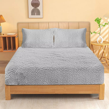 Soft Sherpa Fleece Fitted Sheet Combo Set  Warm Winter Bedding Grey Queen