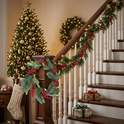 1.6M Christmas Pine & Red Berry Garland Artificial Festive Greenery Holiday Decor