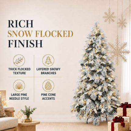 150cm Snow Flocked Christmas Tree Warm 160 LEDs Light Pre Lit Pine Cone Winter Xmas Decor