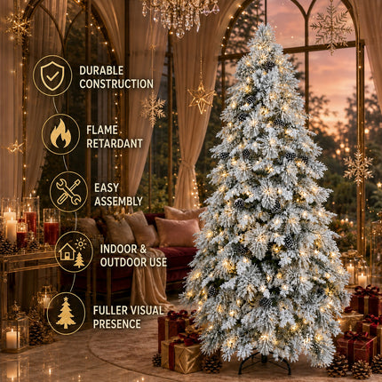 210cm Snow Flocked Christmas Tree Warm 330 LEDs Light Pre Lit Pine Cone Winter Xmas Decor