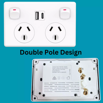 5X FAST Charge 3.6 amp Dual USB+Type-C Double Power Point GPO Wall Outlet Supply