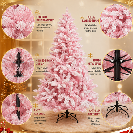 180cm Pink Christmas Tree Snow Flocked Warm LED Light Xmas Decor Indoor
