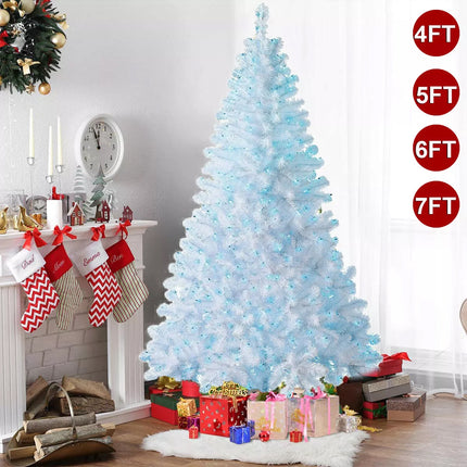1.2/1.5M/1.8M/2.1M Christmas Tree with LED Lights Easy Assemble Bushy Xmas Decor White Tree+Blue Lights