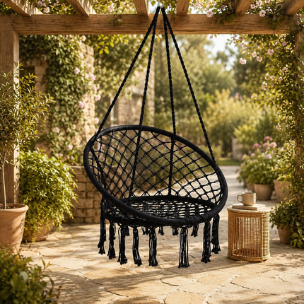 Black Boho Macrame Hammock Chair Hanging Swing Seat Indoor Outdoor Patio