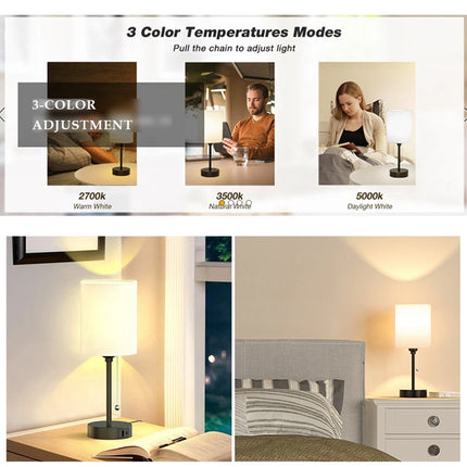 2 PACK Bedside Lamps Linen Table Light USB Port 3 Way Dimmable Pull Chain Switch Beige 2Pcs