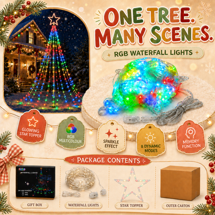 450 LED 9-Strand 5M RGB Waterfall Xmas Tree Lights Star 8 Modes Memory Outdoor