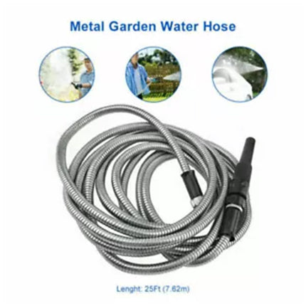 100FT Stainless Steel Water Hose Metal Home Garden Pipe with 2 Nozzle Connector