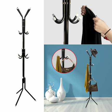 12 Hook Coat Hanger Stand 3-Tier Hat Clothes Rack Metal Tree Style Storage