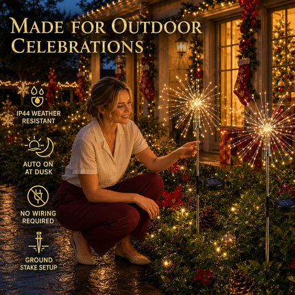 2 Pack Solar Christmas Firework Lights 120 LED Copper Outdoor Garden Pathway Decorative Lights
