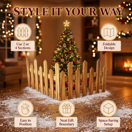 160cm Natural Wood Painted Christmas Tree Fence – 4-Section Wooden DIY Holiday Border