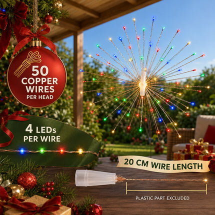 Solar Powered Multicolour LED 5 Head Firework Christmas Hanging Lights 8 Modes Copper Wire