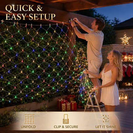 3M x 2M Solar Christmas Net Lights 240 LED Multicolour Outdoor Garden Curtain String Fairy Lights – 8 Modes