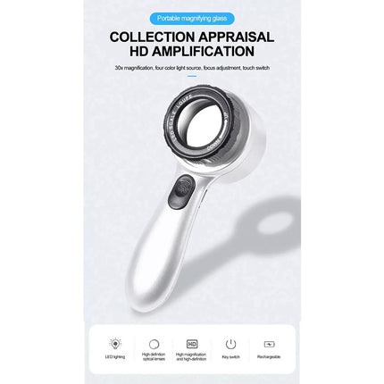 Handheld Rechargeable Magnifying Glass W/4-Color Led Light Read Loupe Magnifier