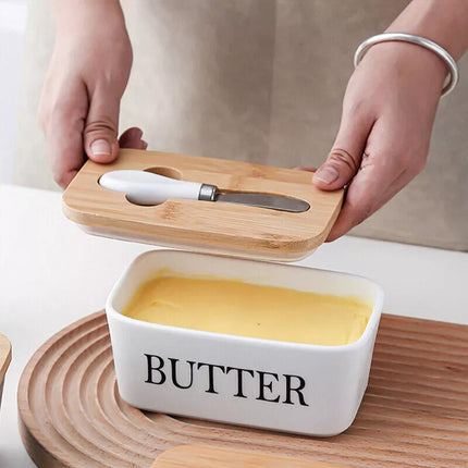 Ceramic Butter Dish Box Storage Tray Container w/ Bamboo Lid & Butter Cutter