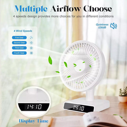 9 Inch USB Rechargeable Desk Table Fan Auto Moving heads w/ Clock Time Display