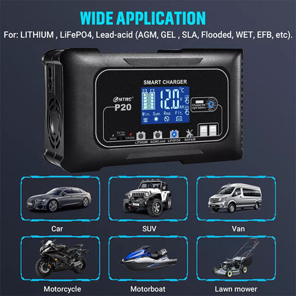 20A Automatic Lithium Battery Charger 12V/24V For Lifepo4 Lead-Acid AGM/Gel/SLA