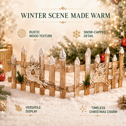 Christmas Wooden Picket Fence Reindeer Snow Tipped Tree Base Xmas Decor